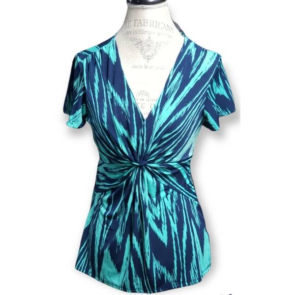 Daisy Fuentes Navy & Teal Short Sleeved Blouse • Size Petite Medium - Picture 1 of 7